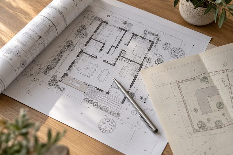 Architectural floor plans and a site plan on a desk with a pen