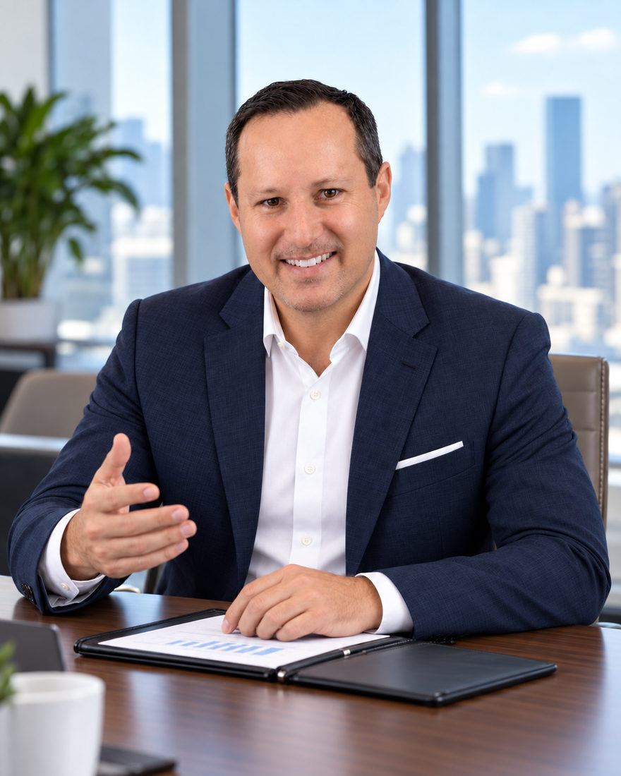 Ian Webbe, Mortgage Development Manager at Opulent Finance, seated at a meeting table in a Melbourne office
